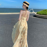 2025 Beach Dress Long Dress Elegant Holiday Gentle Yellow Smudge Floral Shoulder Strap Neck Lotus Leaf Edge Printed Dress