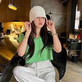 Summer cotton casual T-shirt women's new splicing V-neck shoulder sleeves loose casual versatile short blouse top