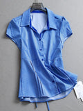 Solid color organ pleated lace-up waist slim lapel bubble sleeve  summer new short-sleeved versatile shirt women's L900