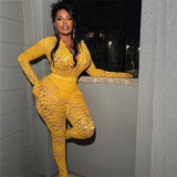 new New fashion solid color slim-fitting sexy lace hollow deep V perspective long-sleeved top trousers set