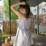 summer new one-word neck dress lace-up waist cotton and linen women's clothing striped sleeveless short suspender skirt women