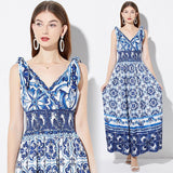 Summer New Women's Clothing Blue and White Porcelain Positioning Printing Elastic Wrap Waist Vest Long Skirt V-Neck Dress