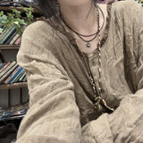 2025  24/4 SN41 literary and retro long-sleeved linen cotton smoked color craft fried old contrasting color lace neck cardigan shirt