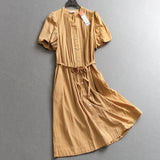 Solid color organ pleated V-neck  style bubble sleeve belt slim summer new short-sleeved women's dress X211