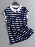 Cherry embroidery contrasting stripes ice thin thin summer age reduction POLO collar women's short-sleeved knitted sweater C072