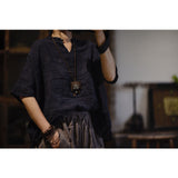2025  23/6 Movie/Literary and retro texture yarn-dyed linen pullover stand-up collar buckle loose shoulder shirt