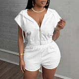 summer new  New hot sale fashion personalized solid color short zipper hooded short sleeve shorts set