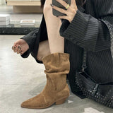 2025  popular autumn and winter new suede pointed thick heel medium heel short boots medium tube boots high heel stacking boots western cowboy boots