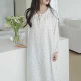 Korean new gentle tea break floral color dot pure cotton gauze nightdress skin-friendly soft and comfortable crepe long-sleeved skirt