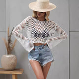 2025 New spring and summer, 's new  knitted sweaters, flared sleeves, loose Popular trade round neck hollow sweater women