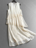 Solid color stacked three-dimensional flower beaded round neck sleeveless vest skirt Korean gentle wind women's long dress dress X975