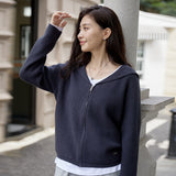 Navy collar knitted cardigan jacket women's clothing autumn and winter new lazy style solid color top design zipper knitted sweater