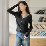 Temperament Slim-fit wool long-sleeved top 25 Spring V-neck single-breasted inner design sense color matching neck knitted sweater