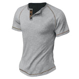 KKBOXLY 2025 Summer New Men's Casual T-Shirt Men's  n Heavy Waffle Crew Neck Button Versatile Solid Color Short Sleeve