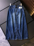 Retro dark blue polished white high waist and thin rear split hip skirt commuter versatile women's skirt denim skirt Z908