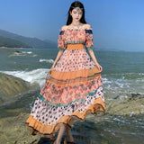 2025 2025 autumn new  one-word shoulder chiffon dress women's bohemian vacation temperament off-the-shoulder dress