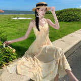 2025 Beach Dress Long Dress Elegant Holiday Gentle Yellow Smudge Floral Shoulder Strap Neck Lotus Leaf Edge Printed Dress