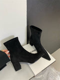 2025  Coarse Heel Pointed Short Boots Women's High Heel Suede Commuter Skinny Boots Sleeve Stretch Boots Fashion Boots