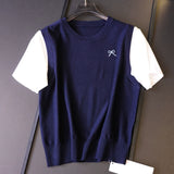 Contrasting color splicing fake two-piece bow embroidery round neck  summer new age-reducing short-sleeved women's knitted sweater Z483