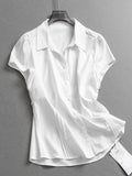 Solid color organ pleated lace-up waist slim lapel bubble sleeve  summer new short-sleeved versatile shirt women's L900