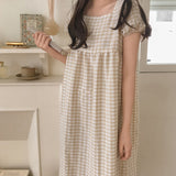 summer little fresh princess style plaid dress retro wrinkle bubble sleeves can be worn outside long nightgown women