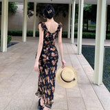 2025 Black Xiaofei sleeve suspender floral dress women's summer seaside vacation  romantic retro slim hip wrap dress