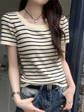 Striped T-shirt short-sleeved women's summer bottoming shirt square neck knitted thin  short outer top X127