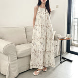 Designer original design linen suspender skirt, heavy industry niche cotton and linen A-shaped long skirt printed lace-up dress