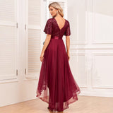 2025elegant V-neck ruffle edge short-sleeved dress fluffy tulle ball irregular front short rear long skirt
