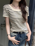 Striped T-shirt short-sleeved women's summer bottoming shirt square neck knitted thin  short outer top X127