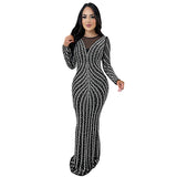 2025 C7176    Popular and  Fashion Women's Clothing Hot Diamond Slim-fit Long Dress Long Sleeve Mesh Dress