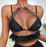 2025  LH4216 2025 New hot-selling rhinestone inlaid small grid fishing net fashion backless neck wrap top vest