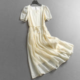 Light purple lace-up waist gentle and good-looking  summer new bubble sleeve temperament women's dress dress C331