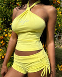 New new women's clothing, sexy neck-hanging sleeveless top, waist-length lace-up hip-wrapped shorts suit for women