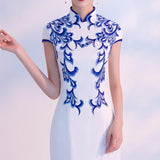 2025 Catwalk cheongsam dress  new long elegant Chinese style blue and white porcelain performance dress slim and thin cheongsam