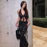 2025 G24ST363   Spice Girl Vacation Wind Sexy Perspective Deep Neck Suspender Hollow Long Ribbon Suit Female