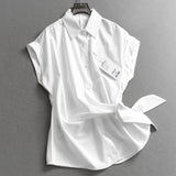 Solid color wrapped cuffs flanged lapel small flying sleeves  summer new versatile casual women's shirt C064