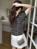 Striped T-shirt short-sleeved women's summer bottoming shirt square neck knitted thin  short outer top X127
