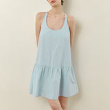 Summer new tencel hemp solid color dress clear and sweet sleeveless U-neck skirt minimalist short A-shaped skirt