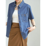 Customized cotton denim shirt 2025 summer fashionable and comfortable versatile retro commuting temperament loose short-sleeved shirt