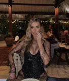 2025  LH3726 2025 fashion and elegance bright diamond flash diamond rhinestone inlaid hollow fishing net diamond long sleeve long dress dress