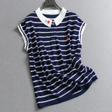 Cherry embroidery contrasting stripes ice thin thin summer age reduction POLO collar women's short-sleeved knitted sweater C072