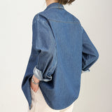 Hong Kong style denim suit shirt spring and summer new work commuting daily fashion retro blue stacked shirt