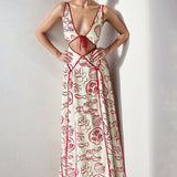 2025 spring new  women's clothing temperament elegant printing V-neck hollow lace-up holiday style fashion dress