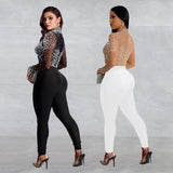 2025 C7137    Popular and  Fashion Women's Clothing Slim Mesh Hot Diamond Long Sleeve Long Pants Jumpsuit