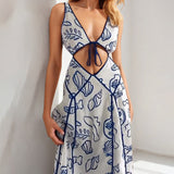2025 spring new  women's clothing temperament elegant printing V-neck hollow lace-up holiday style fashion dress