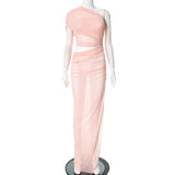 2025 G25DS001  New women's clothing  summer new mesh off-the-shoulder perspective irregular diagonal span dress