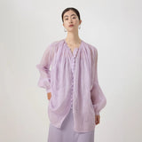Women's Shirt  Shirt Spring Ramie Women's Weight Breathable Pleated Long Sleeve Top Sunscreen Shirt B0437