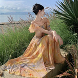 2025 Super fairy lotus leaf edge off-the-shoulder suspender dress, waist and thin, smudged printed fairy temperament holiday style dress
