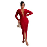 2025 C7118     fashion women's clothing slim-fitting v-neck split-ended solid color dress new